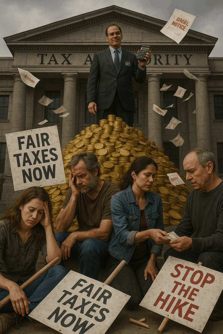 A group of weary, frustrated citizens stands at the foot of a giant, towering bureaucratic building labeled "TAX AUTHORITY" in bold, intimidating letters. The people are holding broken protest signs like “Fair Taxes Now” and “Stop the Hike,” visibly slumping, sitting, or dropping their banners in defeat. Some are shaking their heads, while others are handing over money with sad expressions. The sky is gray and overcast, symbolizing despair. In the background, a smug-looking government figure in a suit (with a “TAX COLLECTOR” badge) stands atop a mountain of gold coins, casually holding a calculator. Papers with red ink (“Overdue,” “Final Notice”) scatter in the wind.