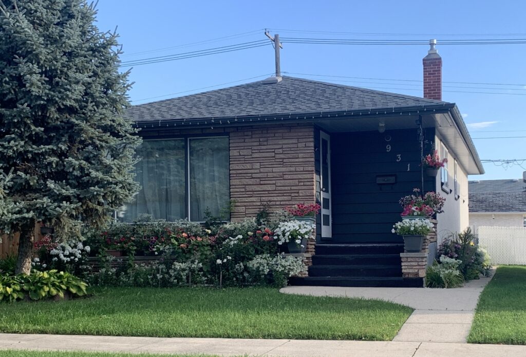 reconnecting: front of a house, with flowers all around it