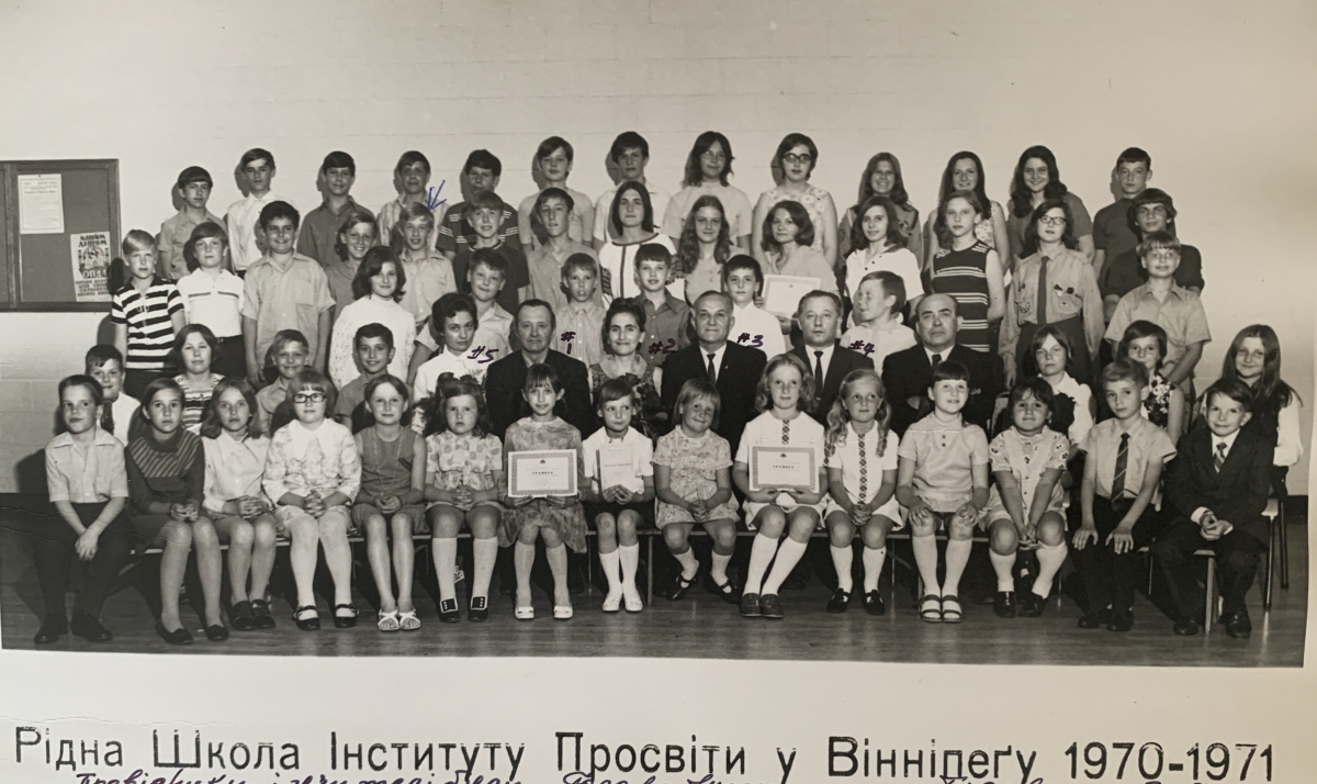 Ukrainian school: an old group photo of students and adults