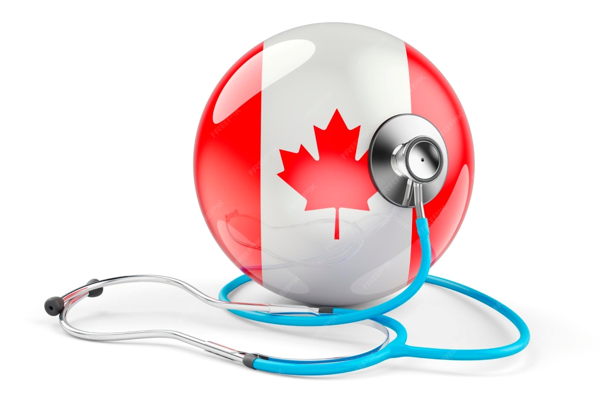 Taxes: a stethoscope in front of a ball with a Canadian flag on it