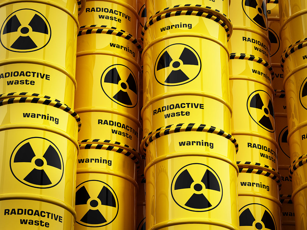 Radioactive: a stack of drums, all marked "radioactive waste"
